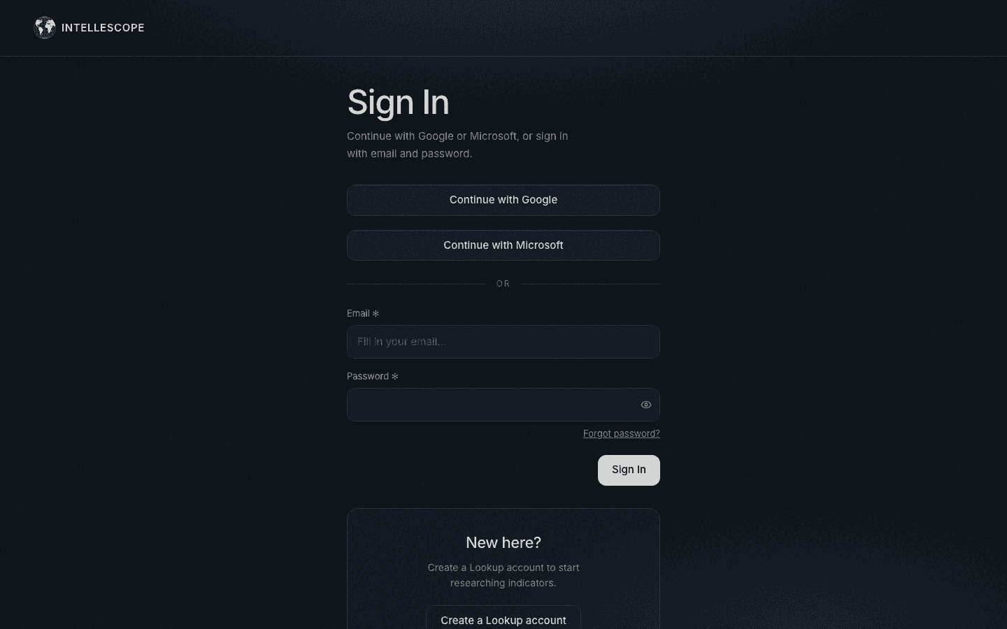 Lookup sign-in screen with email, password, and social options