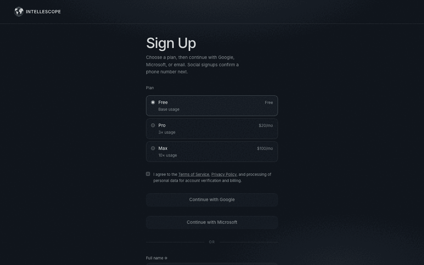 Lookup signup screen with plan picker and Continue with Google or Microsoft